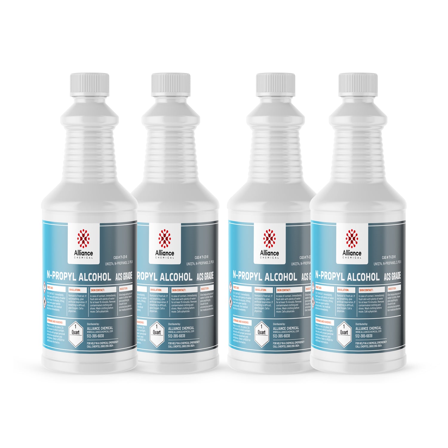 4x1 quart N-Propyl Alcohol ACS Grade in white HDPE bottles with blue labels, flammable hazard symbol, Alliance Chemical brand, safety warnings.